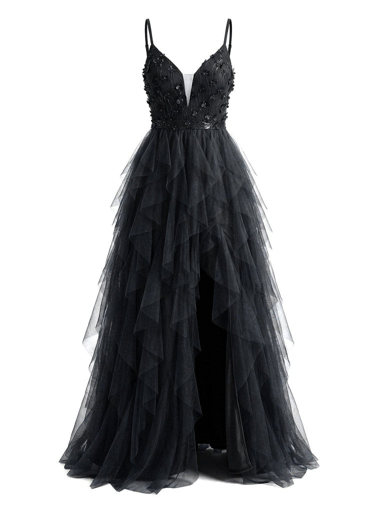 Schwarzes, gestuftes Ballkleid im Stil der 1930er Jahre mit Applikationen, Tüll, Glitzer und Schlitz