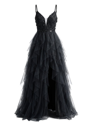 Schwarzes, gestuftes Ballkleid im Stil der 1930er Jahre mit Applikationen, Tüll, Glitzer und Schlitz