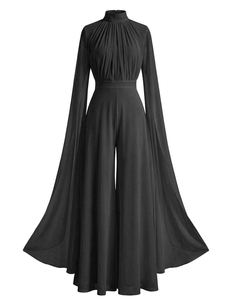 1930er Satin Langarm Rüschen Saum Gerafft Jumpsuit