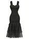 Schwarz 1930er Solide Netz Patchwork Gerafft Enges Kleid