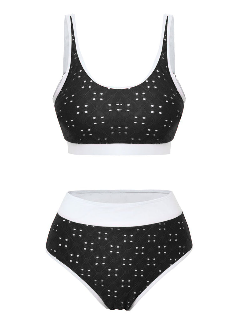 Tankini-Set mit Lochstickerei, hohem Bund und Farbblock-Design aus den 1940er Jahren – Vintage-Mode, Retro-Stil