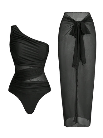 Badeanzug und Strandkleid im Stil der 1950er Jahre mit asymmetrischem Träger, Raffungen und Bauchkontrolle – Vintage-Badeanzug im Pin-up-Stil