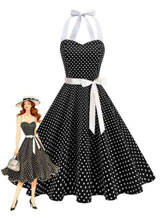 Schwarz 1950er Polka Dot Halter Gürtel Swing Kleid