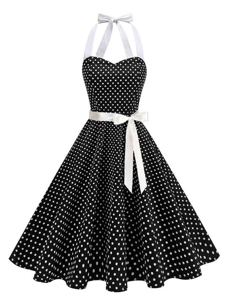 Schwarz 1950er Polka Dot Halter Gürtel Swing Kleid