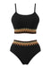 Schwarz 1950er Zigzag Muster Hochgeschnitten Gerippt Bikini Set
