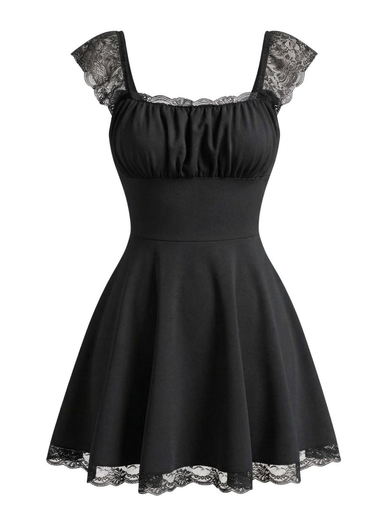 1960er Spitze Karree Ausschnitt Rückenfrei Kleid