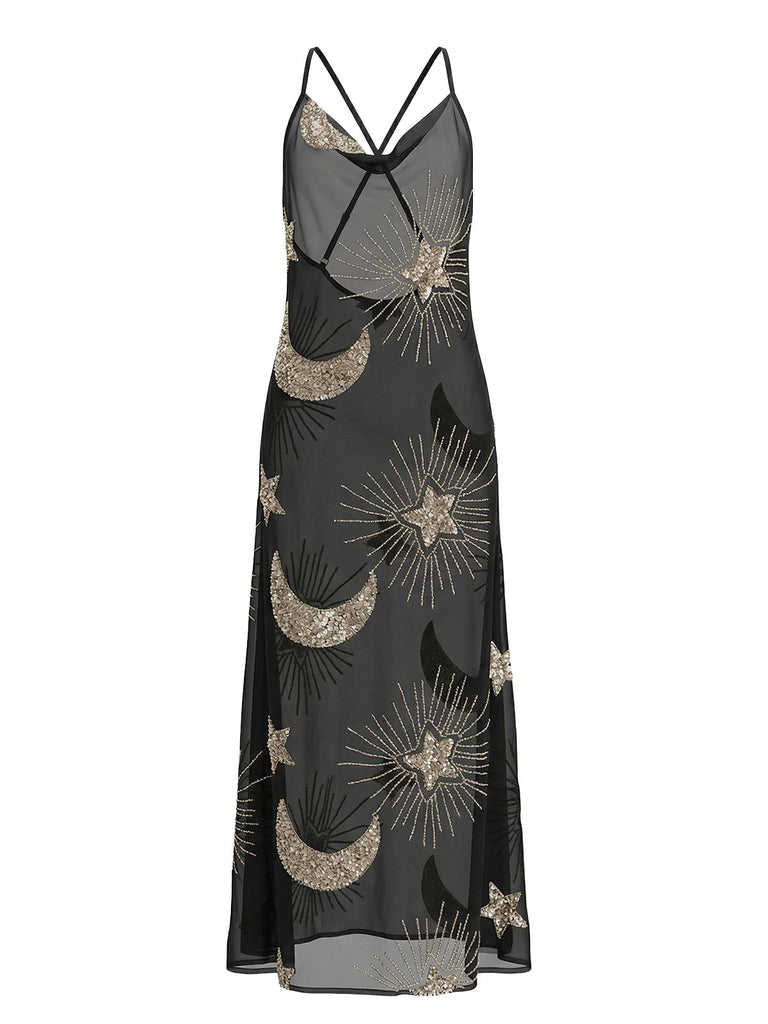 1970er Sheer Celestial Besticktes Pailletten Maxi Cover-Up Kleid