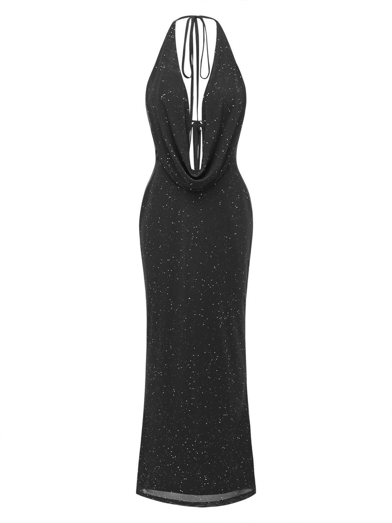 Schwarz 1980er Rückenfreies Glitzer Wasserfallkragen Halter Schlitz Maxi Kleid