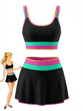Schwarz 3PCS 1950er Kontrast Zickzack Besatz Tankini Set & Cover-Up