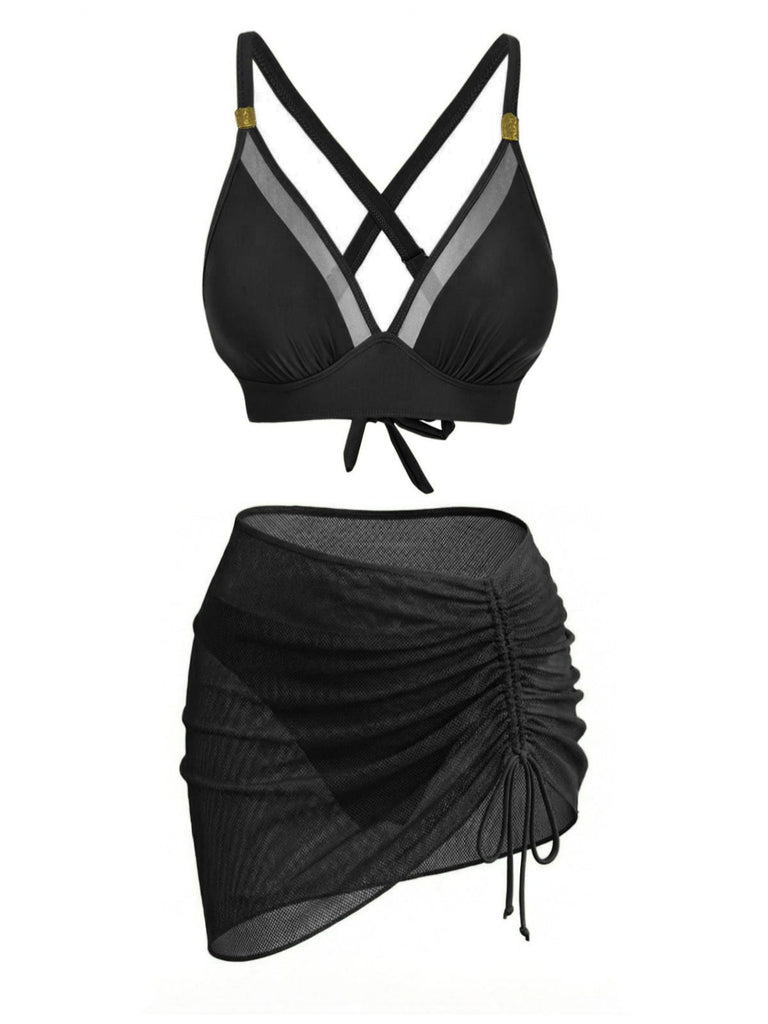 Vorderseite: 3-teiliges Bikini-Set aus den 1950er Jahren mit massiven Metallknöpfen, eleganter Vintage-Stil, perfekt für Liebhaberinnen von Vintage-Mode