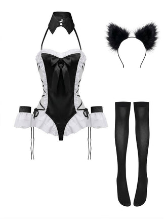 Schwarz 5PCS 1980er Häschen Mädchen Offen Schritt Body Dessous