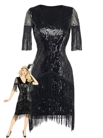 Ein umwerfendes schwarzes Paillettenkleid im Flapper-Stil mit Fransen an Ärmeln und Saum, inspiriert von der Mode des Großen Gatsby der 1920er Jahre.