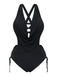Schwarzer Vintage-Tankini mit gekreuzten Cut-out-Details und Schnürung im Stil der 1940er Jahre