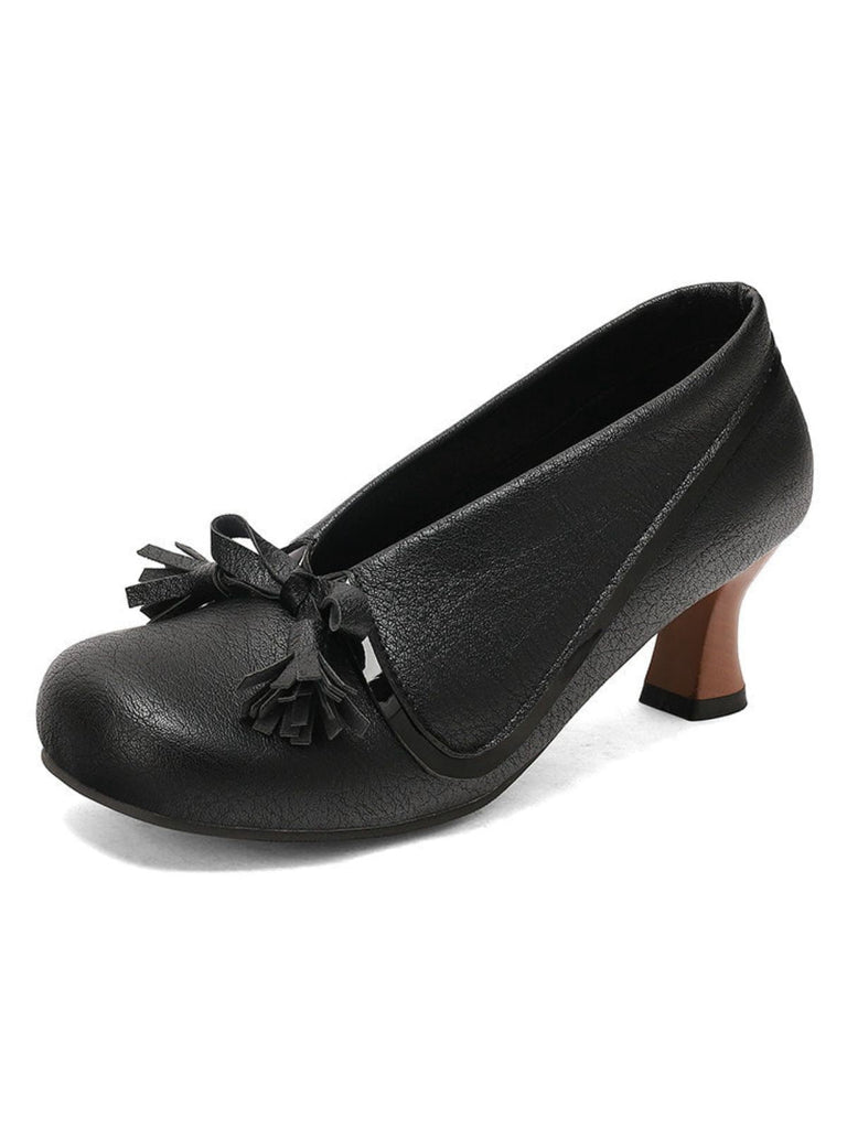 Schwarz Retro Bogen PU Rundspitze Blockabsatz Schuhe