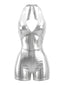 1970er Metallic Halter V-Ausschnitt Rückenfrei Romper