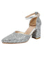 Vintage Spitze Zehen Glitzer Blockabsatz Pumps