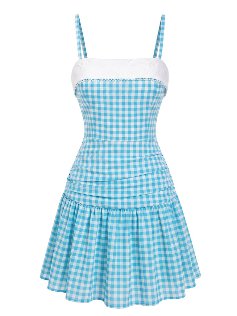 Himmelblaues 60er Kleid mit Patchwork und Karo