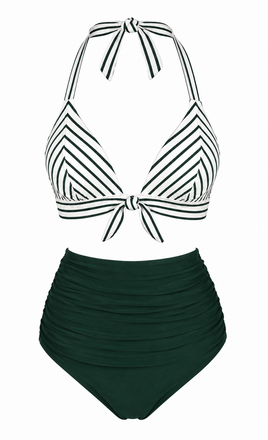Grün 50er Bikini-Set & Shorts mit Neckholder und Raffung