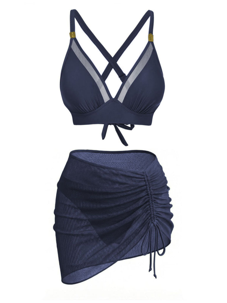 Vorderseite: 3-teiliges Bikini-Set aus den 1950er Jahren mit massiven Metallknöpfen, zeitlose Schönheit, perfekt für Vintage-Modeliebhaber