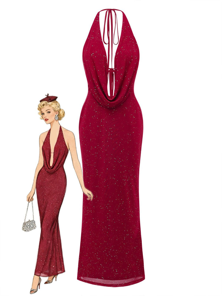 Tiefrot 1980er Rückenfreies Glitzer Wasserfallkragen Halter Schlitz Maxi Kleid