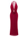 Tiefrot 1980er Rückenfreies Glitzer Wasserfallkragen Halter Schlitz Maxi Kleid