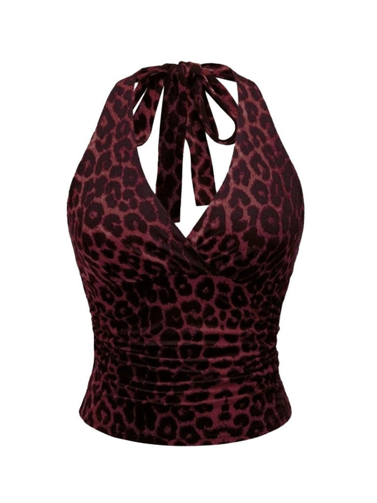 Tiefrot 1980er-leopard-muster-halter-wickel-top