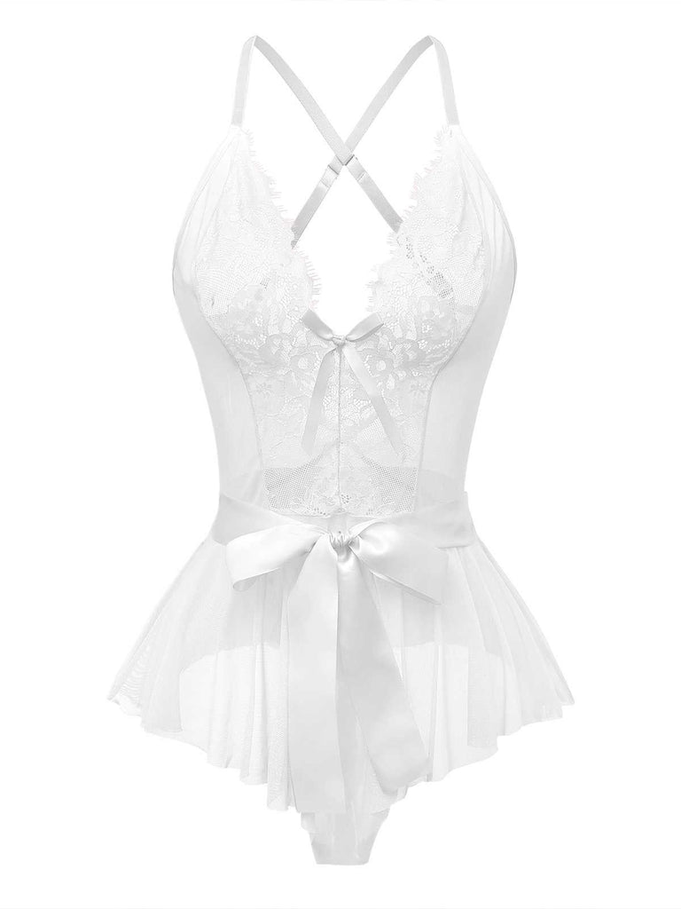 1970er Slip Blumen Spitze Bogen Nachthemd