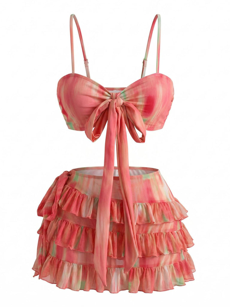 Rotes 60er Bikini-Set & Cover-Up mit Rüschen und gestuft