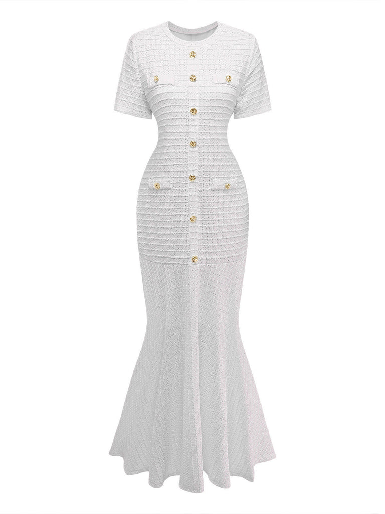 Einfarbiges, kurzärmeliges, figurbetontes Maxikleid aus den 1930er Jahren