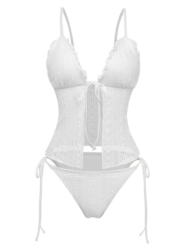 Weißer Bikini aus doppellagigem Spitzenstrickstoff im Stil der 1940er Jahre