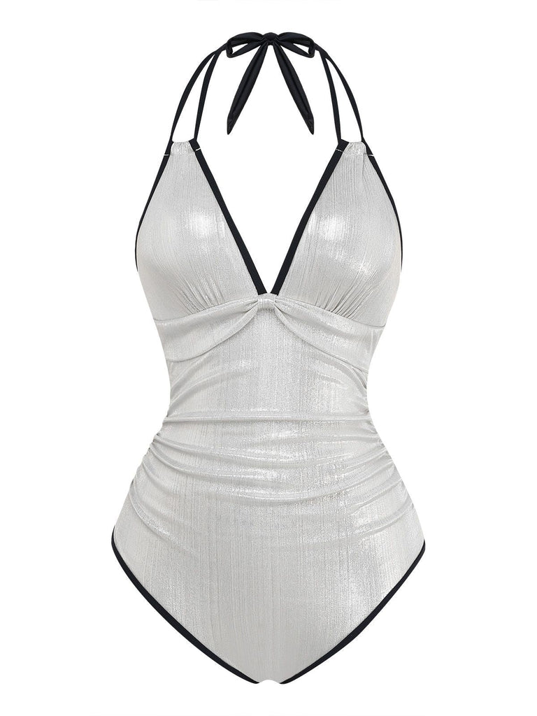 Weiß 1950er Metallic Schimmernd Riemchen Halter Einteiliger Badeanzug