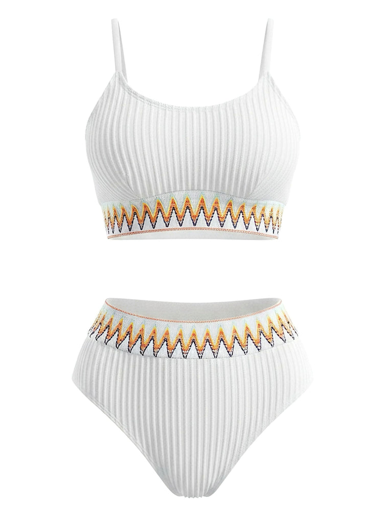 Weiß 1950er Zigzag Muster Hochgeschnitten Gerippt Bikini Set
