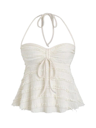 Strukturiertes Babydoll-Top im Y2K-Stil mit Neckholder und geraffter Vorderseite. Ein ausgestelltes Retro-Top, perfekt für einen schicken Sommerlook der 2000er.