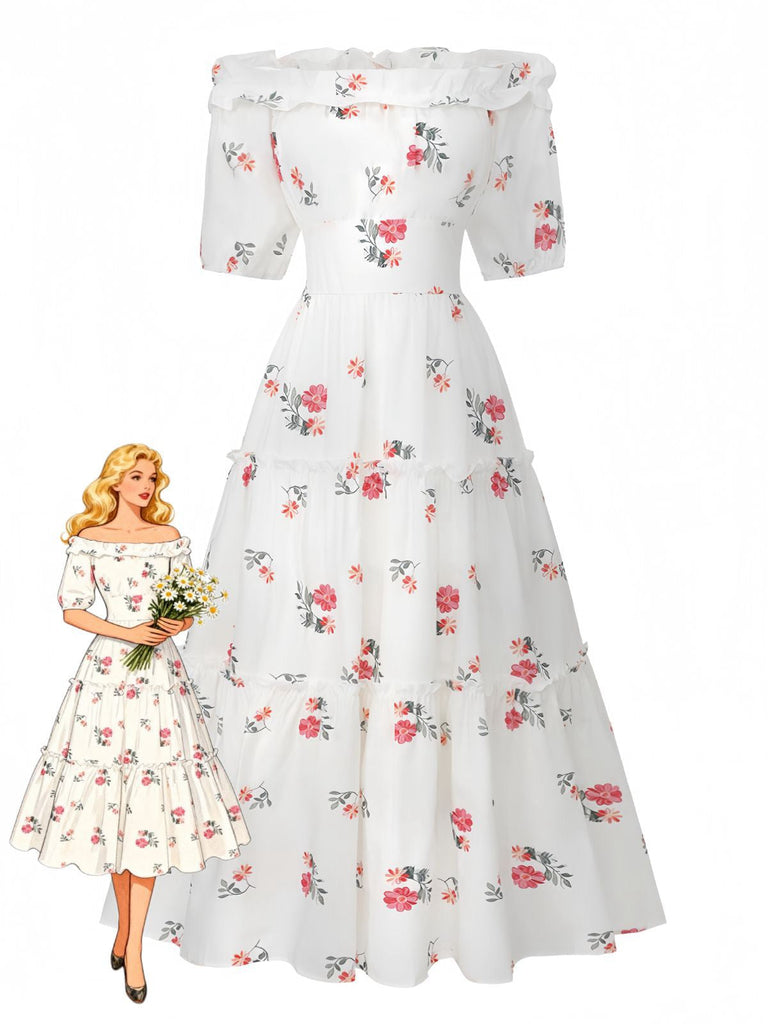 Weißes, geblümtes Rüschenkleid im Stil der 1930er Jahre mit schulterfreiem Puffärmel-Ausschnitt, Modellansicht