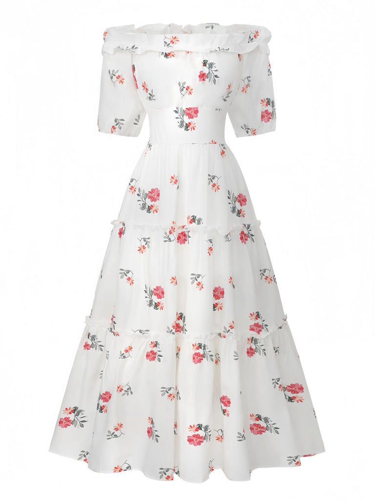 Weißes, geblümtes Rüschenkleid im Stil der 1930er Jahre mit schulterfreiem Puffärmelkleid, Vorderansicht