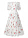 Weißes, geblümtes Rüschenkleid im Stil der 1930er Jahre mit schulterfreiem Puffärmelkleid, Vorderansicht