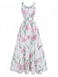 Weiß 1930er U-Ausschnitt Blumen Ärmellos Maxi Kleid