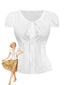 Weiß 1940er Solide Rundhals Tailliert Taille Bluse