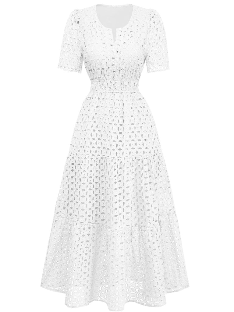 Weiß 1940er Ösen Spitze V-Ausschnitt Gestuft Maxi Kleid