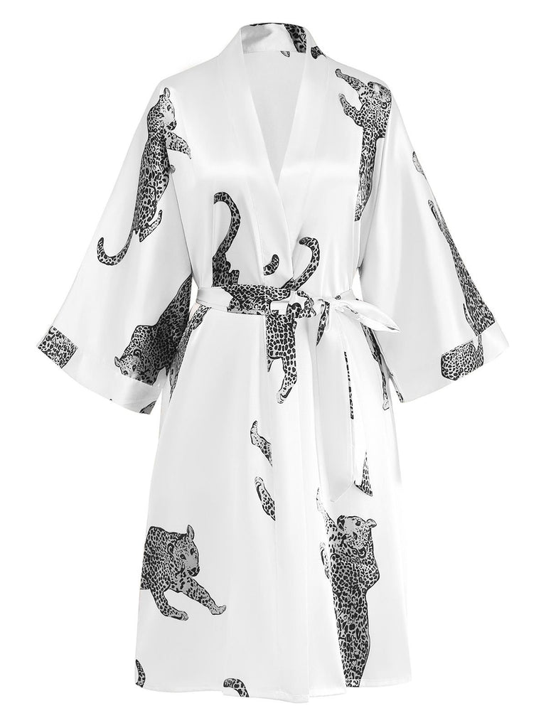 Weiß 1950er Leopard Druck Satin Morgenmantel mit Gürtel