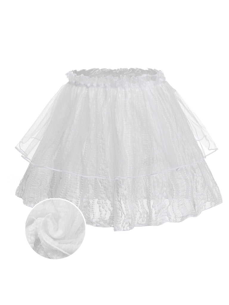 Weiß 1950er Spitze Doppelschichtig Rüschen Tüll Cover-Up-with-detail