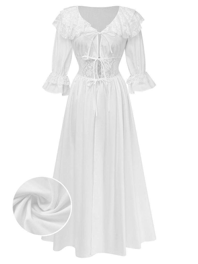 Weißes Spitzenkleid mit Nahaufnahme der Stoffstruktur auf weißem Hintergrund