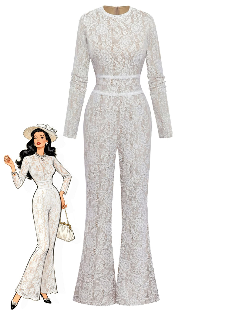 Weiß 1970er Spitze Langarm Ausgestellt Beine Jumpsuit-model