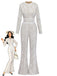 Weiß 1970er Spitze Langarm Ausgestellt Beine Jumpsuit-model