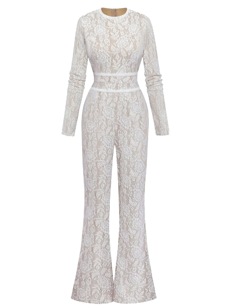 Weiß 1970er Spitze Langarm Ausgestellt Beine Jumpsuit
