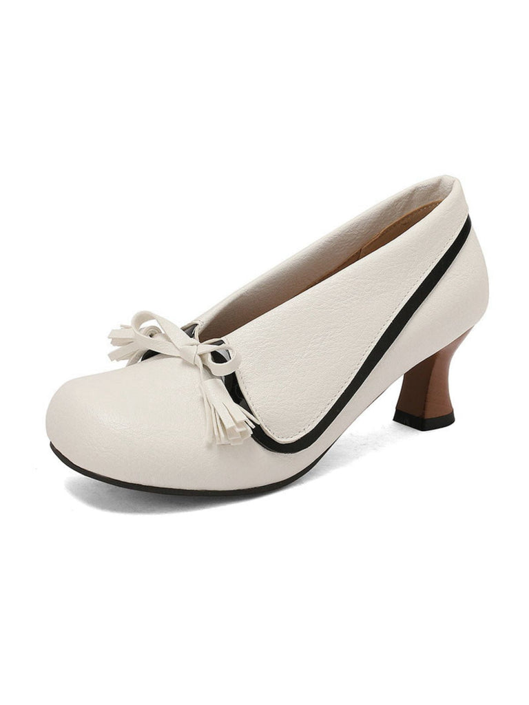 Weiß Retro Bogen PU Rundspitze Blockabsatz Schuhe