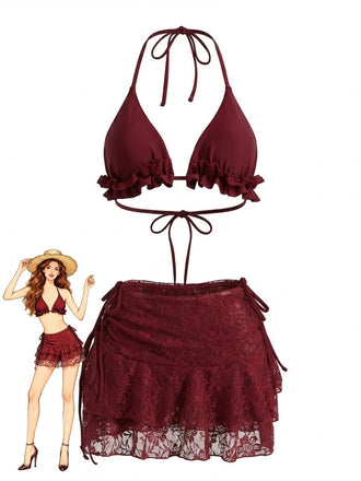 Weinrot 1960er Rüschen Halter Bikini Set & Blumen Spitze Cover-Up