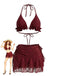 Weinrot 1960er Rüschen Halter Bikini Set & Blumen Spitze Cover-Up