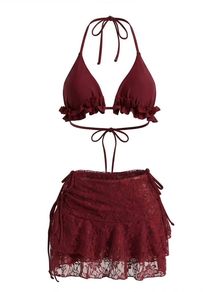 Weinrot 1960er Rüschen Halter Bikini Set & Blumen Spitze Cover-Up
