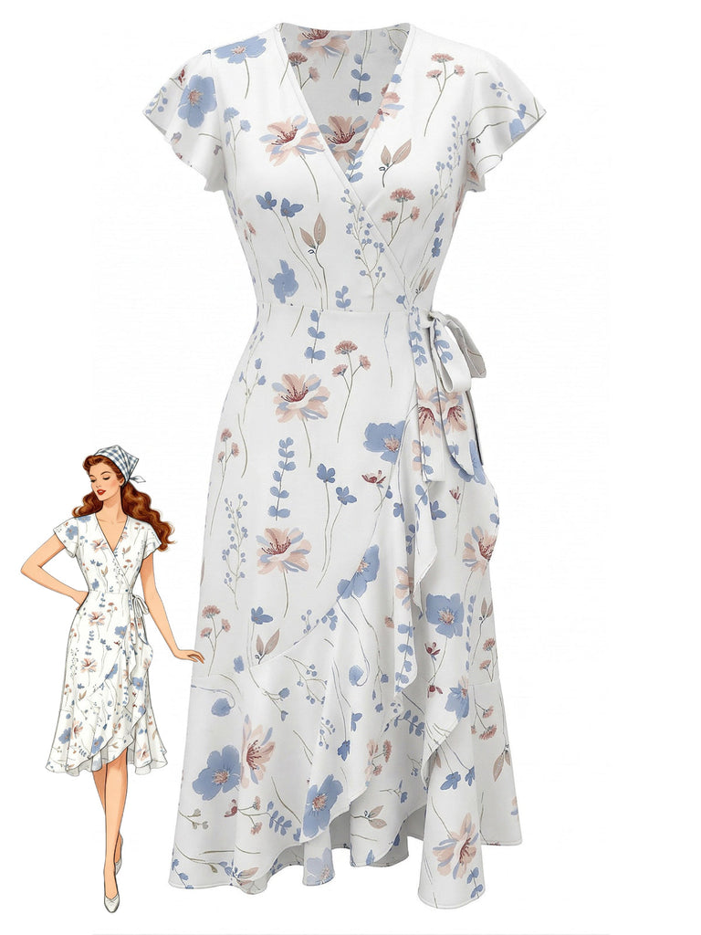 Weißes 40er Wickelkleid mit Flatterärmel und Blumen-Print